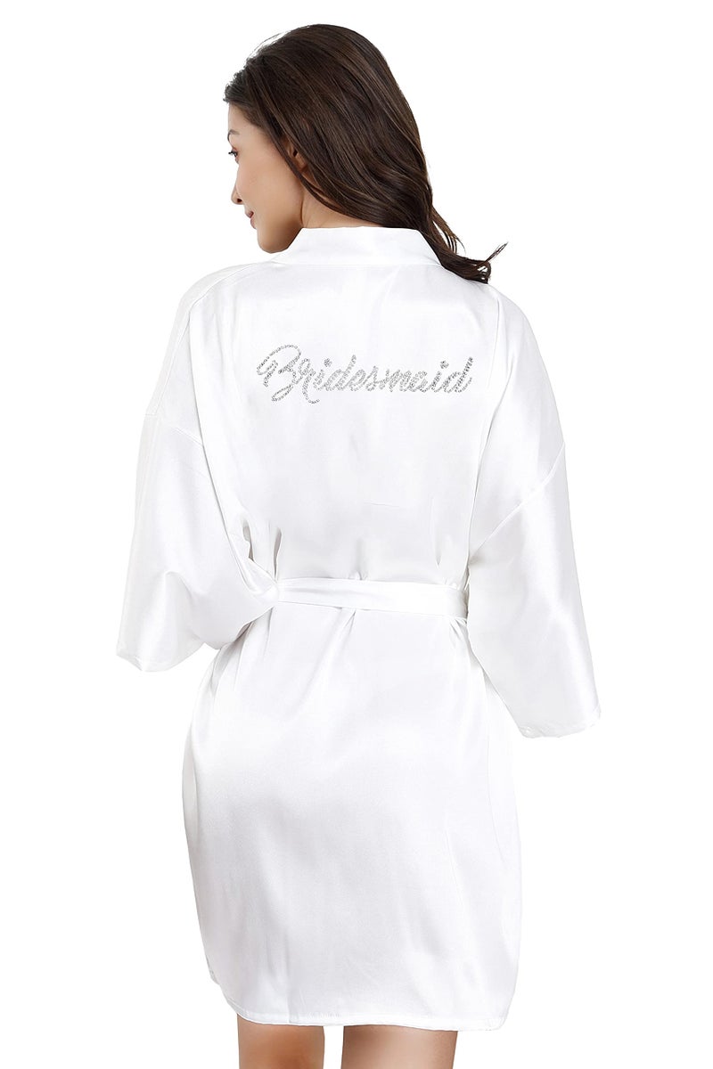 EPLAZA Women's One Size Silver Rhinestones Bride Bridesmaid Short Satin Robes for Wedding Party Getting Ready (White, Bridesmaid) - Image 2